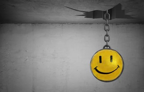 3d rendering of a wrecking ball with a happy face drawing hangs from a broken Stock-Illustration