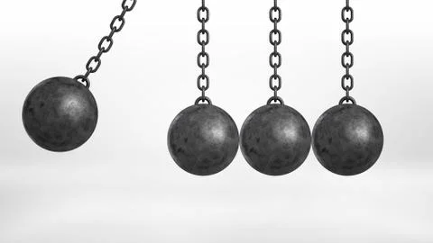 3d rendering of a wrecking ball swinging on white background beside three still Stock Illustration