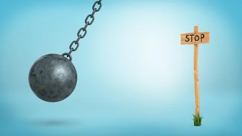 3d rendering of a wrecking ball swinging beside a wooden information post with a Stock Illustration