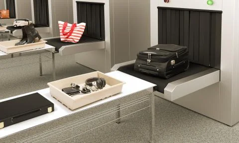 3D rendering of X rays scanners at security check point on an airport. 库存插图