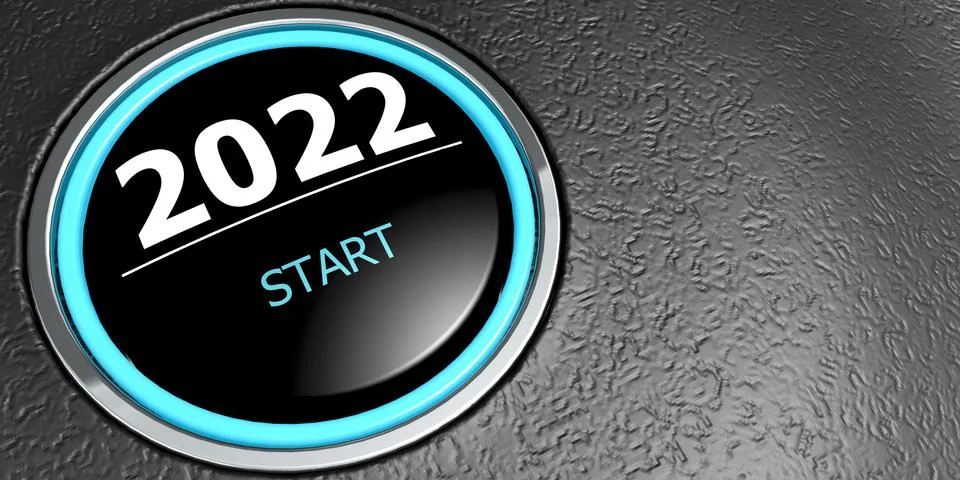 3D rendering of year 2022 start button with metal ring Stock Illustration