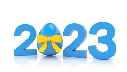 3d rendering of the year 2023 in blue with the number zero as Easter egg Stock Illustration