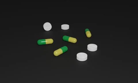 3D rendering of yellow and green capsules and white pills on black backgound Stock Illustration