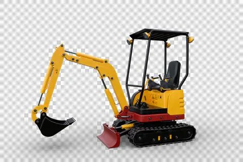 3D rendering of a yellow construction site mini digger isolated on a transpar Stock Illustration