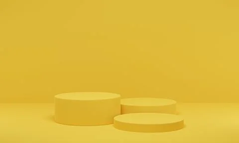 3D rendering. Yellow cylinder platform minimal background. Abstract geometric Stock Photos