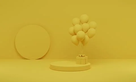 3D rendering. Yellow cylinder podium minimal with balloon on studio backgroun Illustrazione stock