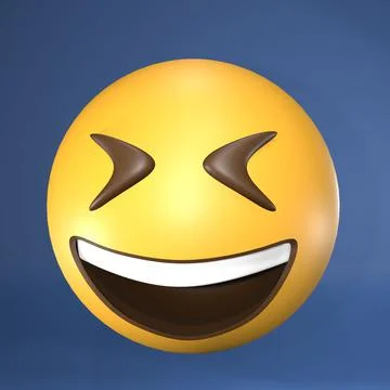 3D rendering of a yellow emoji with a grinning squinting face in a blue backgrou Stockillustratie