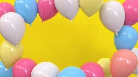 3D rendering of a yellow festive background with flying colorful balloons. Stock Illustration