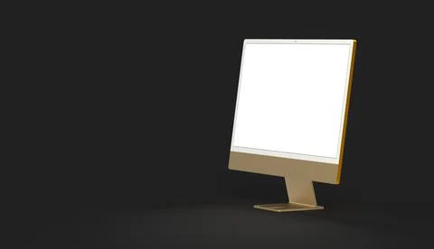3D rendering of a yellow flat computer screen with a camera isolated on a black Stock Illustration