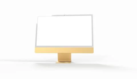 3D rendering of a yellow flat computer screen with a camera isolated on a white Illustrazione stock
