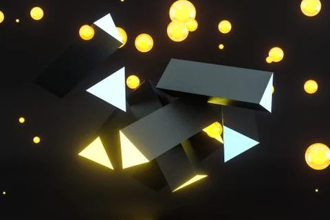 3d rendering, yellow glowing triangle pillar with dark background, Illustrazione stock