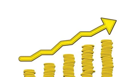 3D rendering of yellow increasing arrow above stack of coins on white background Ilustración de archivo
