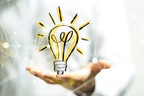 3D rendering of yellow lightbulb icon over a hand- Neural network and cybersecur 库存照片