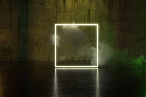 3d rendering of yellow lighten square shape with light spot and smoke clou... 写真素材