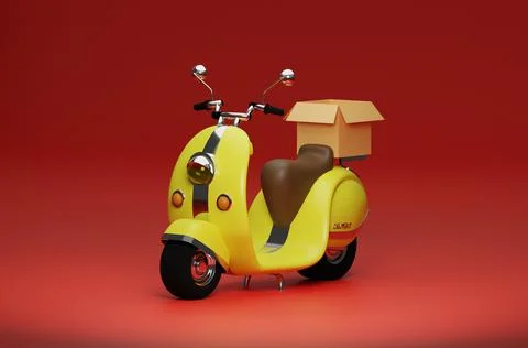 3D Rendering yellow motor scooter with box in red background for delivery order イラスト素材