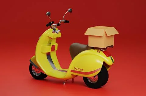 3D Rendering yellow motor scooter with box in red background for delivery order イラスト素材