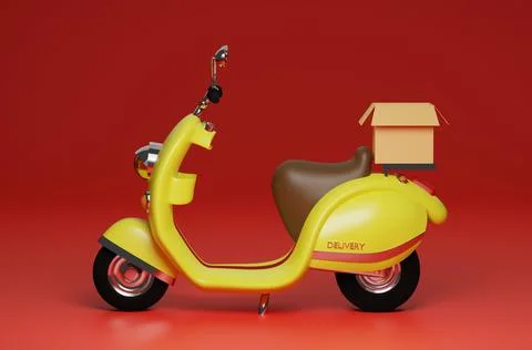 3D Rendering yellow motor scooter with box in red background for delivery order イラスト素材