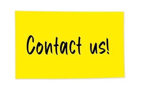 3d rendering of a yellow paper with a sign saying Contact us! on a white backgro Stock Photos