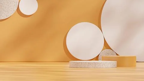 3d rendering of Yellow scene with white circle background terrazzo podium Illustrazione stock