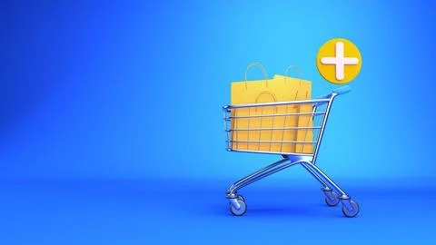 3D rendering. yellow shopping bag is in the cart Illustration