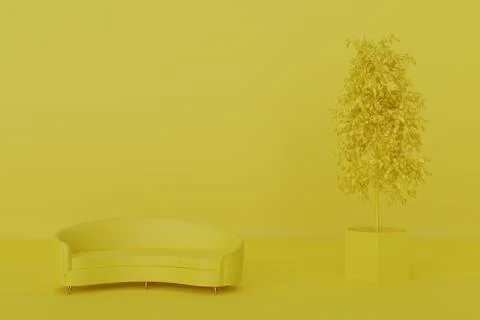 A 3D rendering of a yellow sofa and a plant with a flowerpot on a yellow back Illustrazione stock