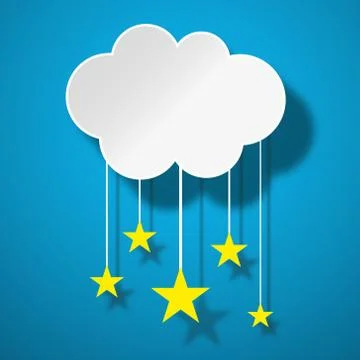 A 3D rendering of yellow stars hanging on a white cloud isolated on a blue ba 스톡 일러스트