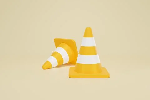 3D Rendering Yellow Traffic Cone Construction Isolated on Background Duo Stock Illustration