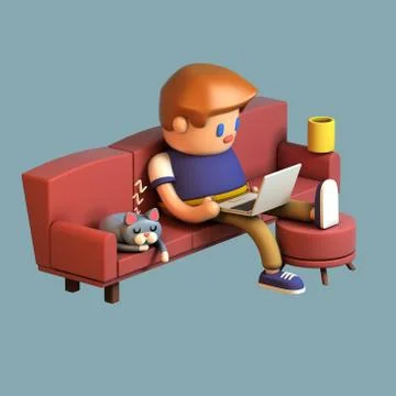 3d rendering of young man sitting on a couch and working on laptop Stock Illustration
