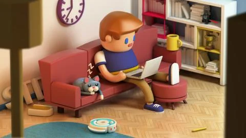 3d rendering of young man sitting on a couch and working on laptop Stock Illustration