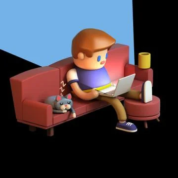 3d rendering of young man sitting on a couch and working on laptop Stock Illustration