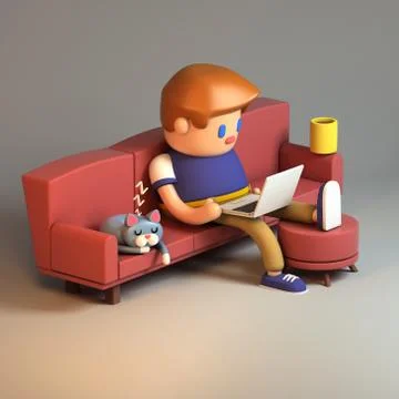 3d rendering of young man sitting on a couch and working on laptop Stock Illustration