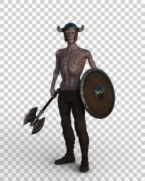 3D rendering of a zombie viking warrior standing with horned helmet holding a Illustrazione stock