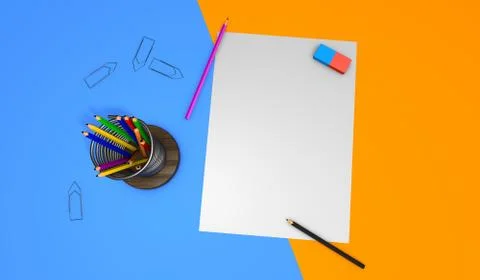 3D renderingdesk with drawing sheets and pencils Stock Illustration