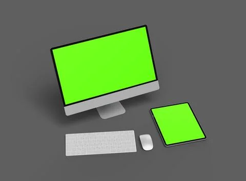 3d renderof a desktop computer and tablet with a green screen on a dark bac.. Stock Illustration
