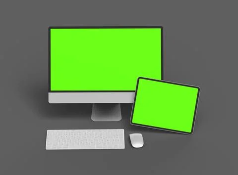 3d renderof a desktop computer and tablet with a green screen on a dark bac.. Stock Illustration