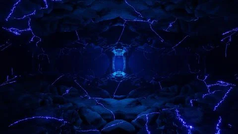 3D renderof flight inside a cave with neon lines Stock Illustration