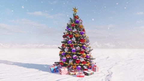 3d-rendring.Christmas tree with a star on top in a field covered with snow. Stock Footage 221632789