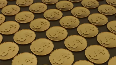 3D Repeating Pattern of Shiny Gold Dollar Sign Coins on Dark Background. Stock Footage 347038867