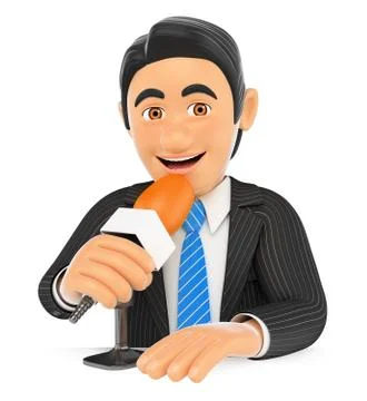 3D Reporter talking on a microphone Stock Illustration