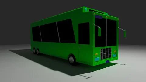 3D representation of a bus in 3D cartoon format, green wheels, small large w Stock Illustration