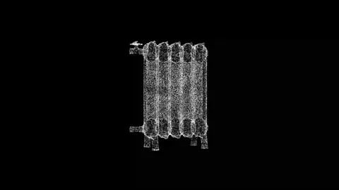 3D retro radiator rotates on black bg. Object dissolved white flickering Stock Footage 240089871