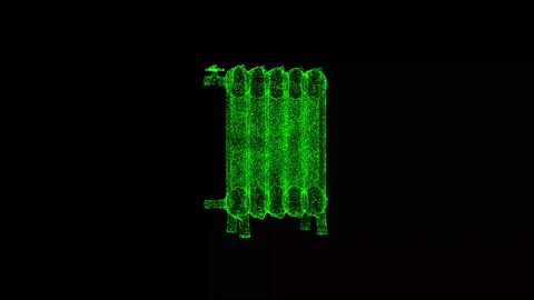 3D retro radiator rotates on black bg. Object dissolved green flickering Stock Footage 240089878