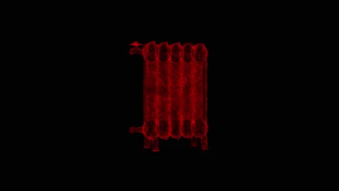 3D retro radiator rotates on black bg. Object dissolved red flickering particles Stock Footage 240089992