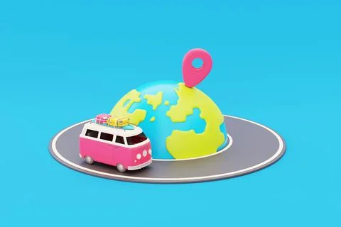 3D Retro travel van on road with globe and location pin, Tourism and travel.. Stock Photos