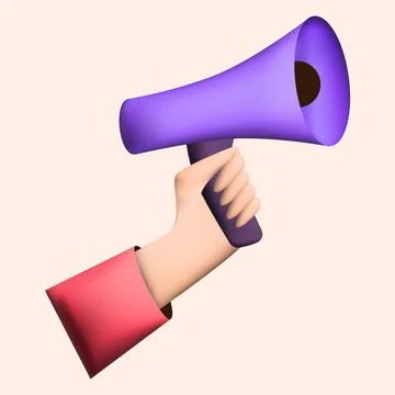 3d review SMM concept. Human hand holding loudspeaker. Megaphone with social Stock Illustration