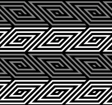 3D Rhombus Spirals Geometric Optical Black and White Vector Seam Stock Illustration