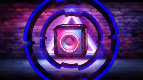 3D rings with a rotating sound cube, retro wave cinematic endless background Stock Footage 274561316