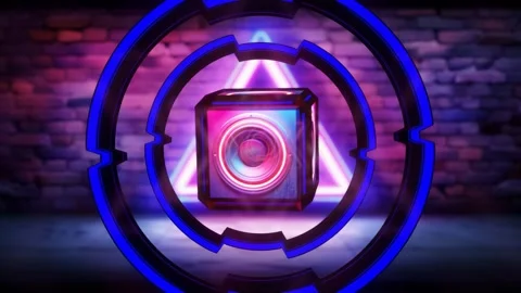 3D rings with a rotating sound cube, retro wave cinematic endless background Stock Footage 274561366