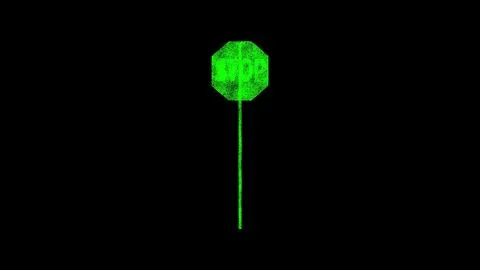 3D road sign stop on black bg. Object dissolved green flickering particles. B Illustrazione stock