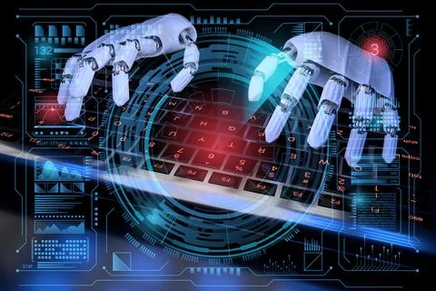3d Robot ai cyborg typing on keyboard. Sci fi Hologram control panel. Stock Illustration